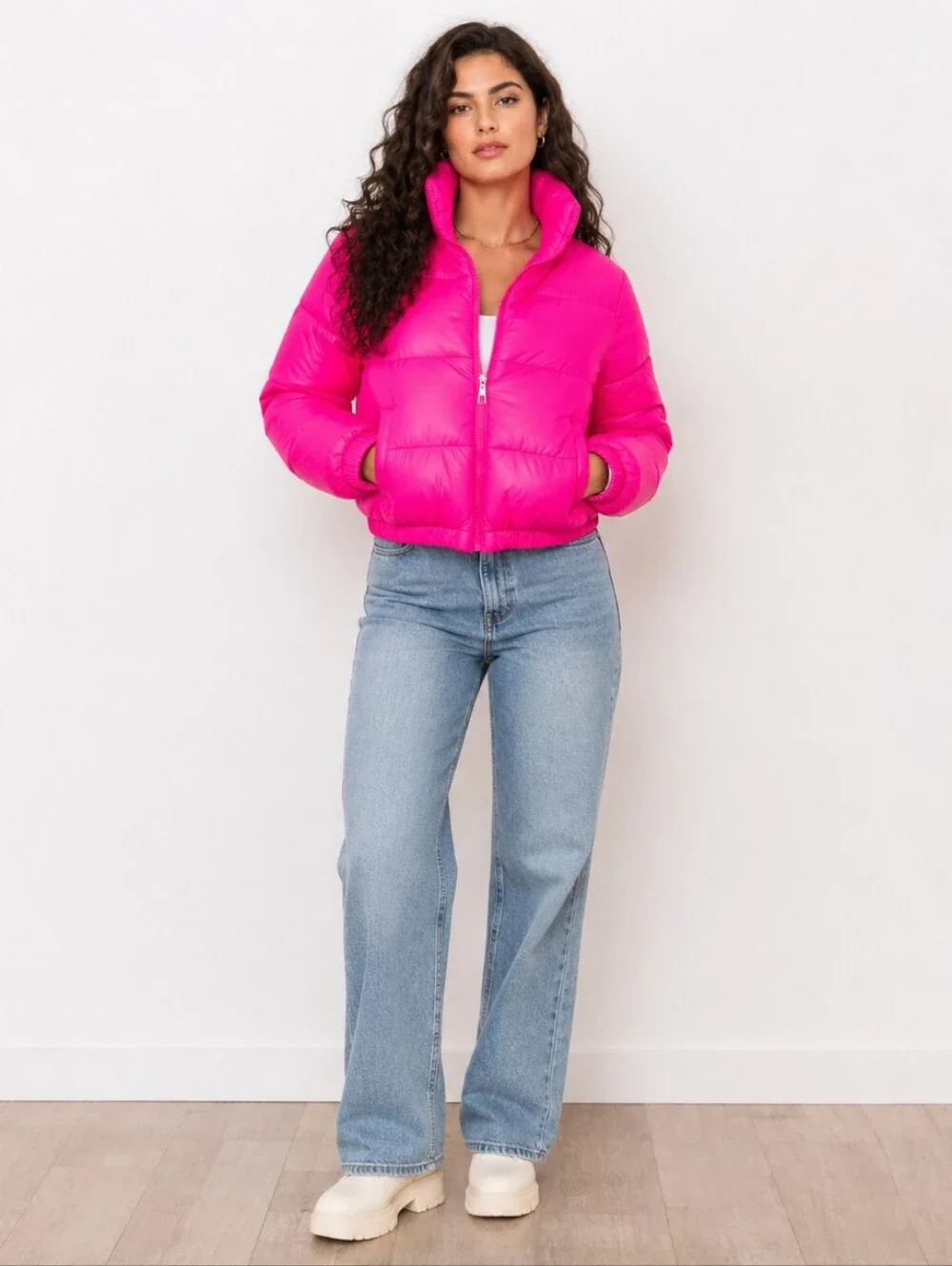 ZIAI Hot Pink Cropped Puffer Jacket Glossy Bubble Coat NWOT